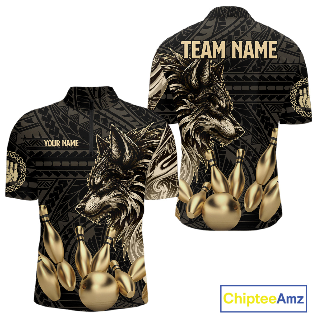Black And Gold Custom Wolf Tribal Bowling Shirt For Men, Retro Bowling Team Jersey Polo & 1/4 Zip TDM7910