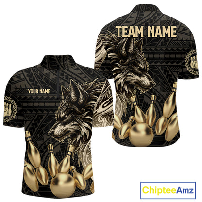 Black And Gold Custom Wolf Tribal Bowling Shirt For Men, Retro Bowling Team Jersey Polo & 1/4 Zip TDM7910