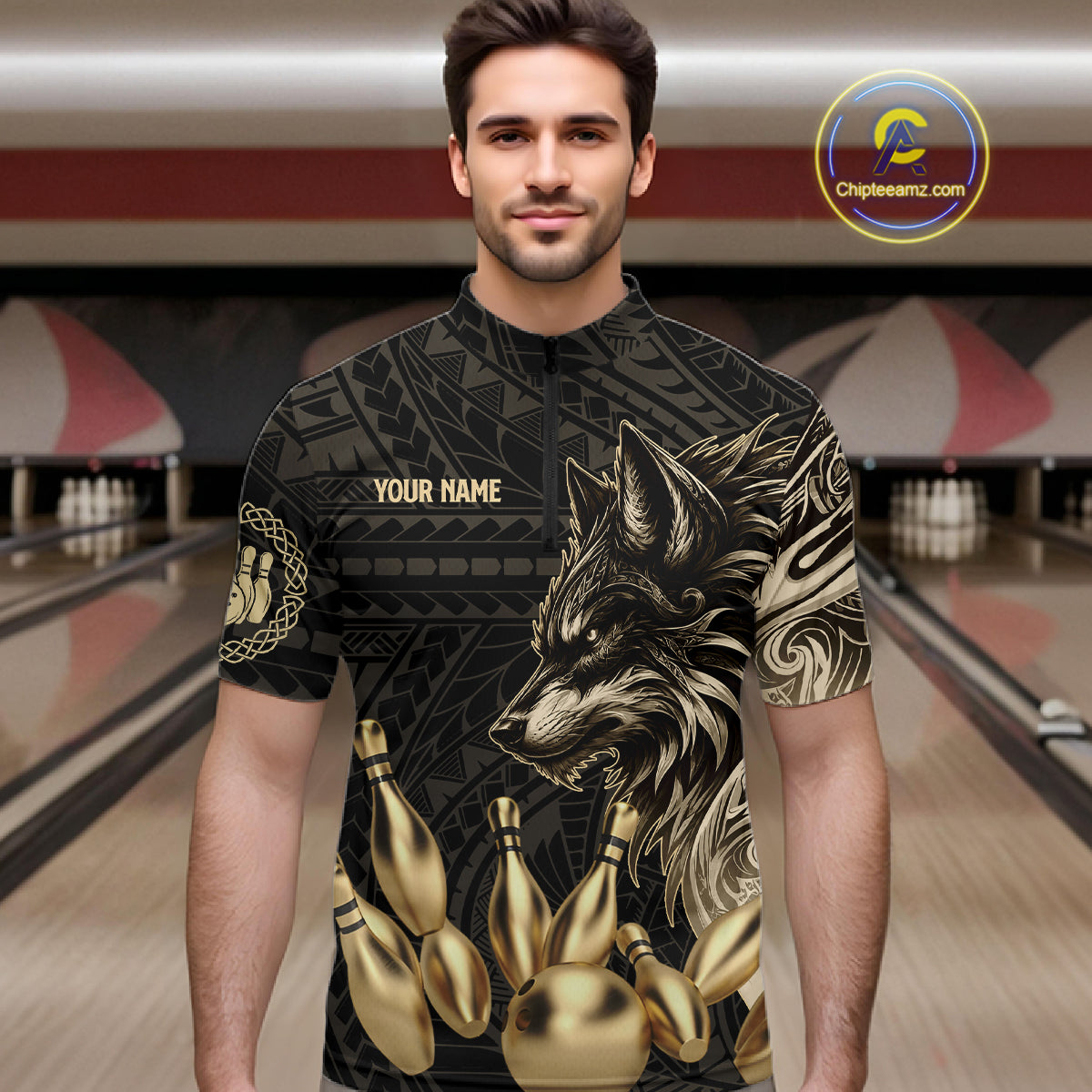 Black And Gold Custom Wolf Tribal Bowling Shirt For Men, Retro Bowling Team Jersey Polo & 1/4 Zip TDM7910