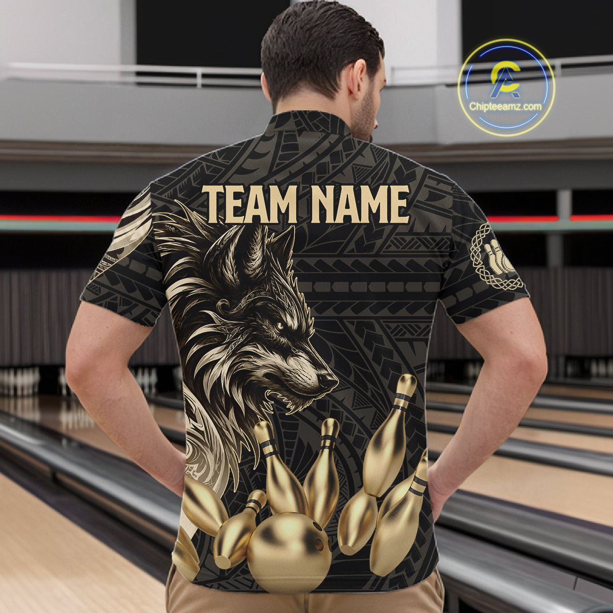 Black And Gold Custom Wolf Tribal Bowling Shirt For Men, Retro Bowling Team Jersey Polo & 1/4 Zip TDM7910