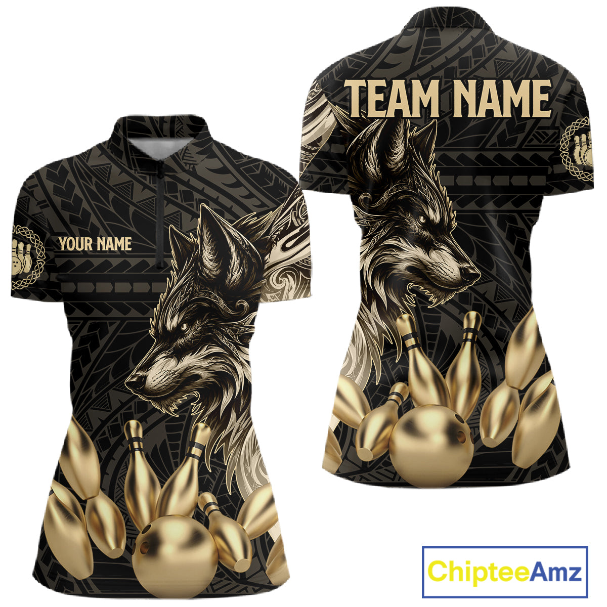Black And Gold Custom Wolf Tribal Bowling Shirt For Women, Retro Bowling Team Jersey Polo & 1/4 Zip TDM7910