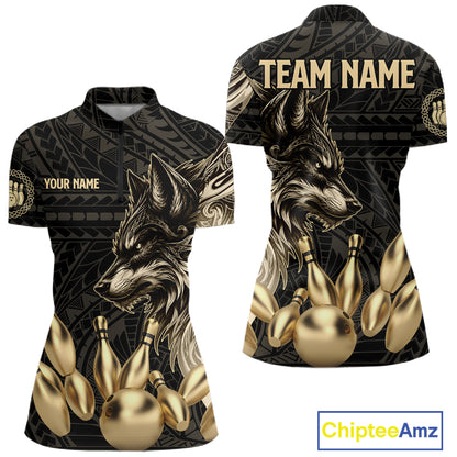 Black And Gold Custom Wolf Tribal Bowling Shirt For Women, Retro Bowling Team Jersey Polo & 1/4 Zip TDM7910