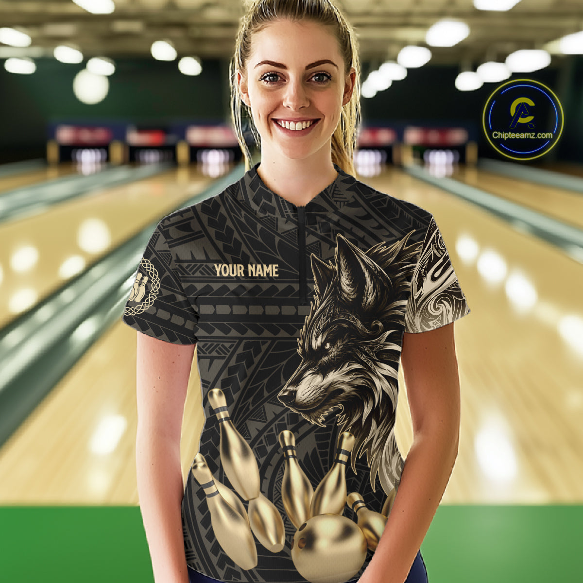 Black And Gold Custom Wolf Tribal Bowling Shirt For Women, Retro Bowling Team Jersey Polo & 1/4 Zip TDM7910