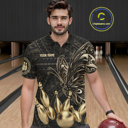 Black And Gold Custom Butterfly Tribal Bowling Shirt For Men, Retro Bowling League Team Jersey TDM7911
