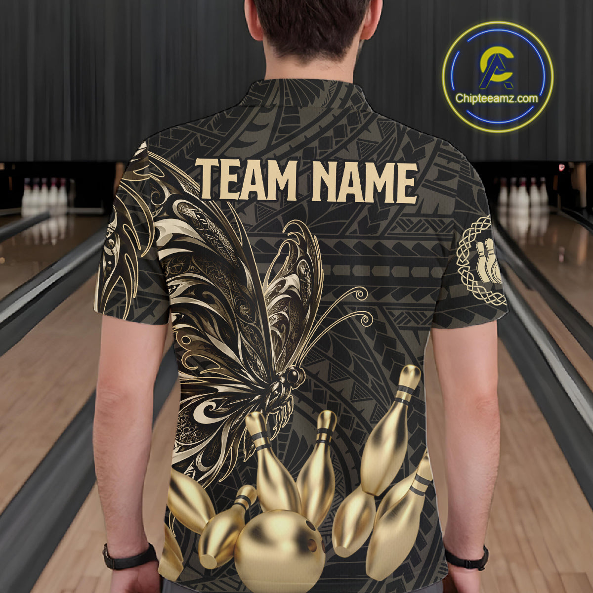 Black And Gold Custom Butterfly Tribal Bowling Shirt For Men, Retro Bowling League Team Jersey TDM7911