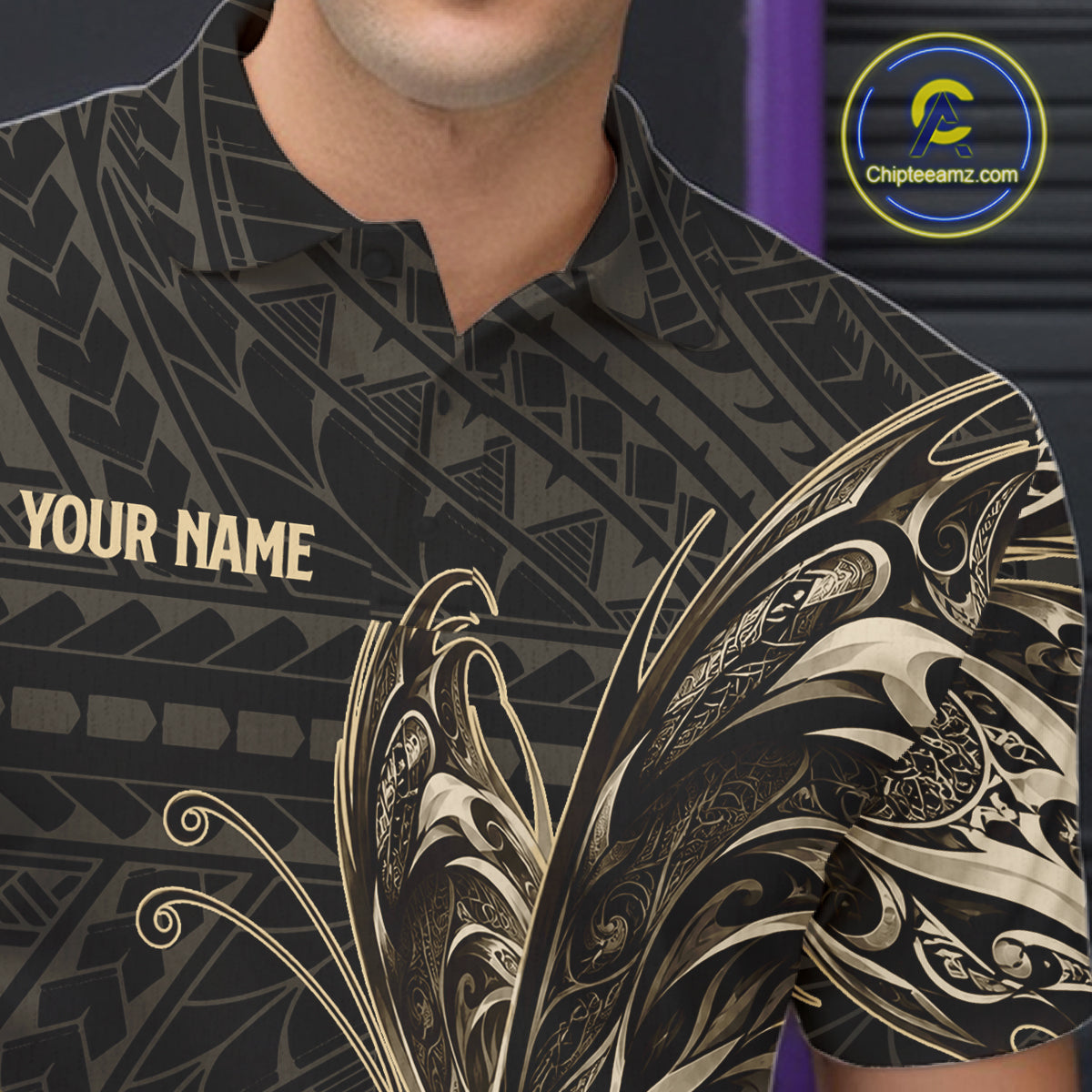 Black And Gold Custom Butterfly Tribal Bowling Shirt For Men, Retro Bowling League Team Jersey TDM7911