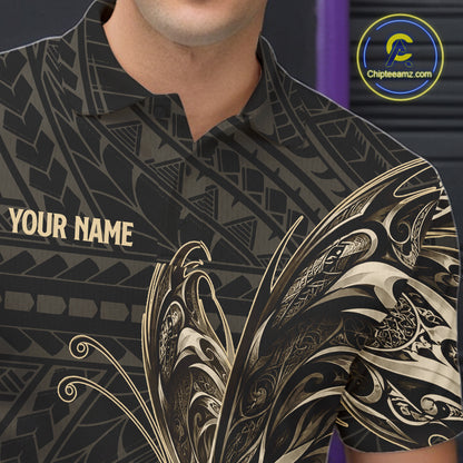 Black And Gold Custom Butterfly Tribal Bowling Shirt For Men, Retro Bowling League Team Jersey TDM7911