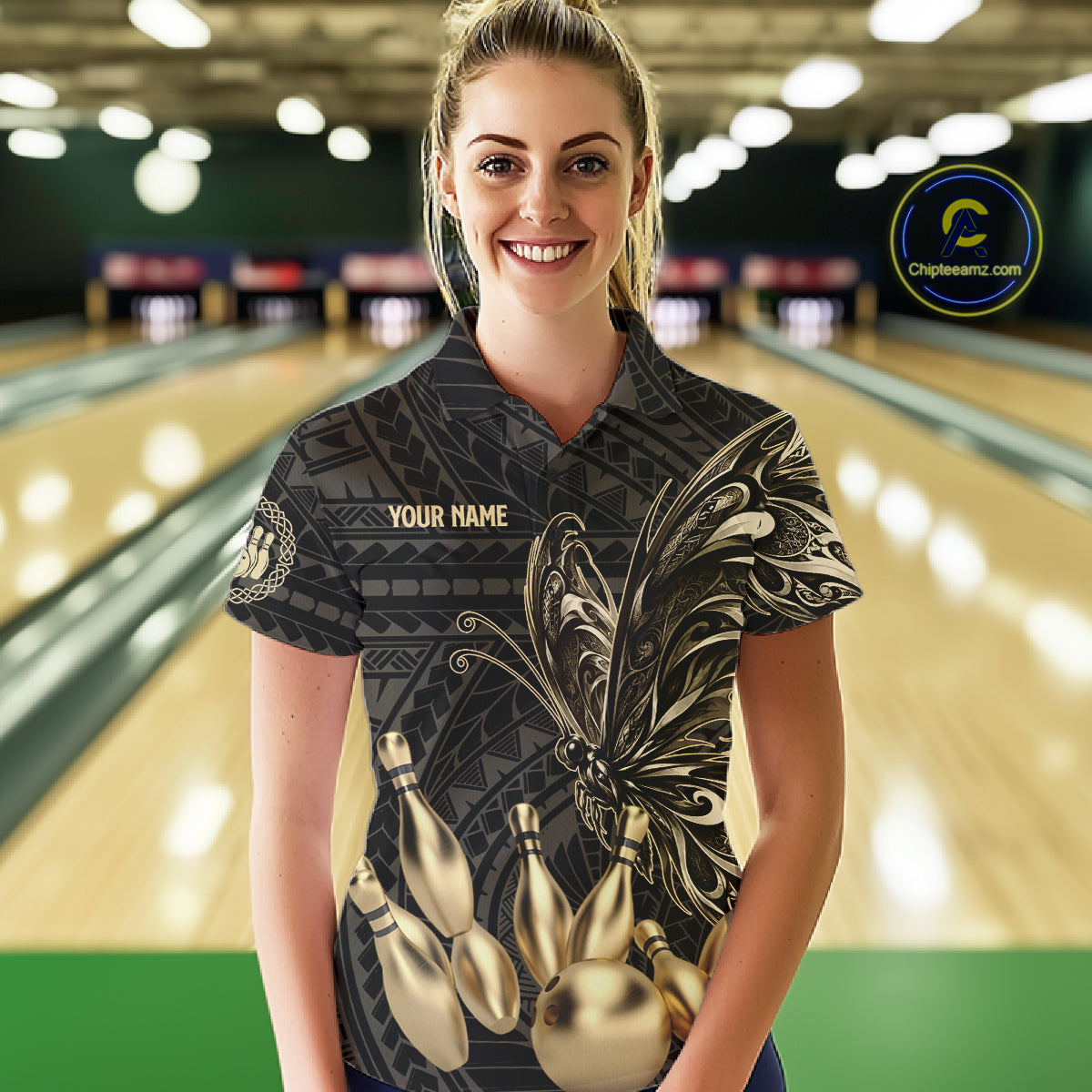 Black And Gold Custom Butterfly Tribal Bowling Shirt For Women, Retro Bowling League Team Jersey TDM7911