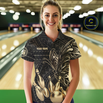 Black And Gold Custom Butterfly Tribal Bowling Shirt For Women, Retro Bowling League Team Jersey TDM7911