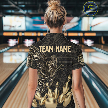 Black And Gold Custom Butterfly Tribal Bowling Shirt For Women, Retro Bowling League Team Jersey TDM7911