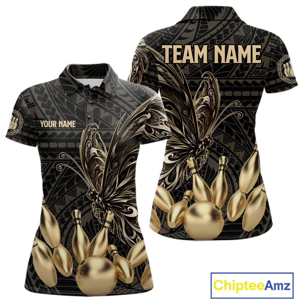 Black And Gold Custom Butterfly Tribal Bowling Shirt For Women, Retro Bowling League Team Jersey TDM7911
