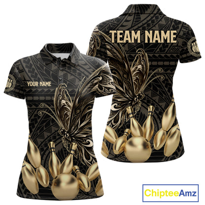 Black And Gold Custom Butterfly Tribal Bowling Shirt For Women, Retro Bowling League Team Jersey TDM7911