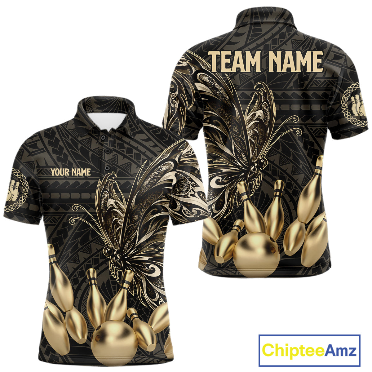Black And Gold Custom Butterfly Tribal Bowling Shirt For Men, Retro Bowling League Team Jersey TDM7911