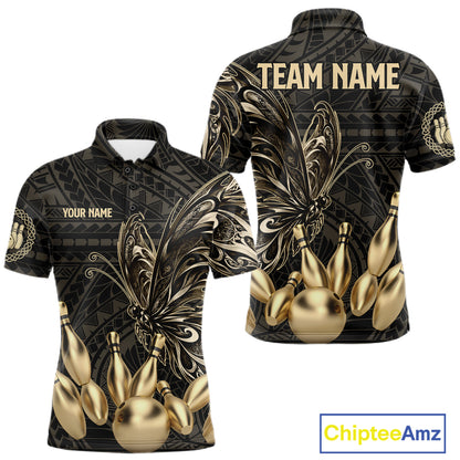 Black And Gold Custom Butterfly Tribal Bowling Shirt For Men, Retro Bowling League Team Jersey TDM7911
