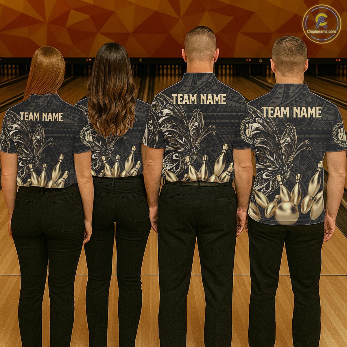Black And Gold Custom Butterfly Tribal Bowling Shirt For Women, Retro Bowling League Team Jersey TDM7911