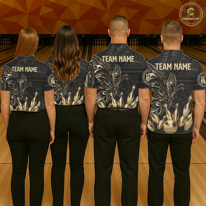Black And Gold Custom Butterfly Tribal Bowling Shirt For Women, Retro Bowling League Team Jersey TDM7911
