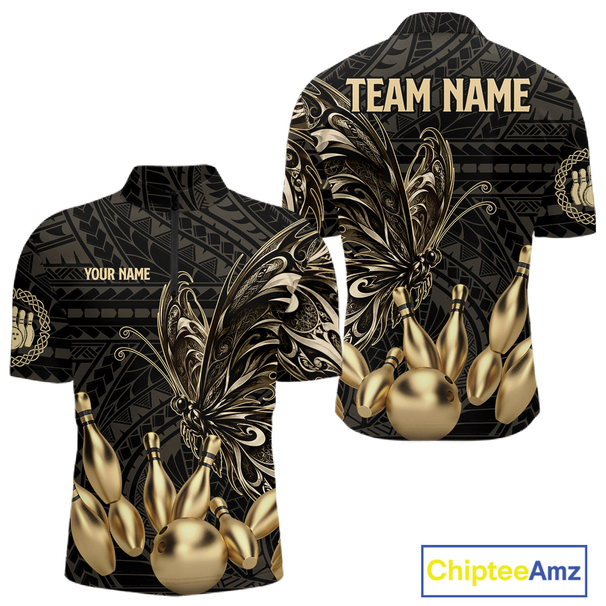 Black And Gold Custom Butterfly Tribal Bowling Shirt For Men, Retro Bowling League Team Jersey TDM7911