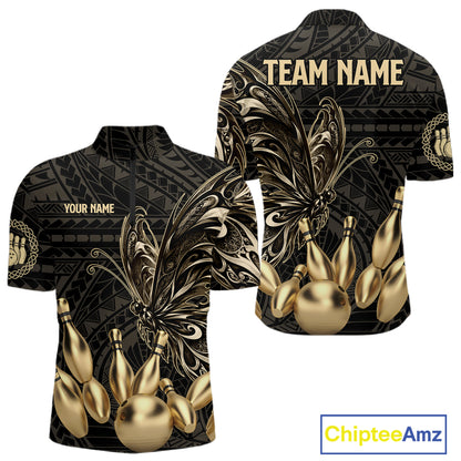 Black And Gold Custom Butterfly Tribal Bowling Shirt For Men, Retro Bowling League Team Jersey TDM7911