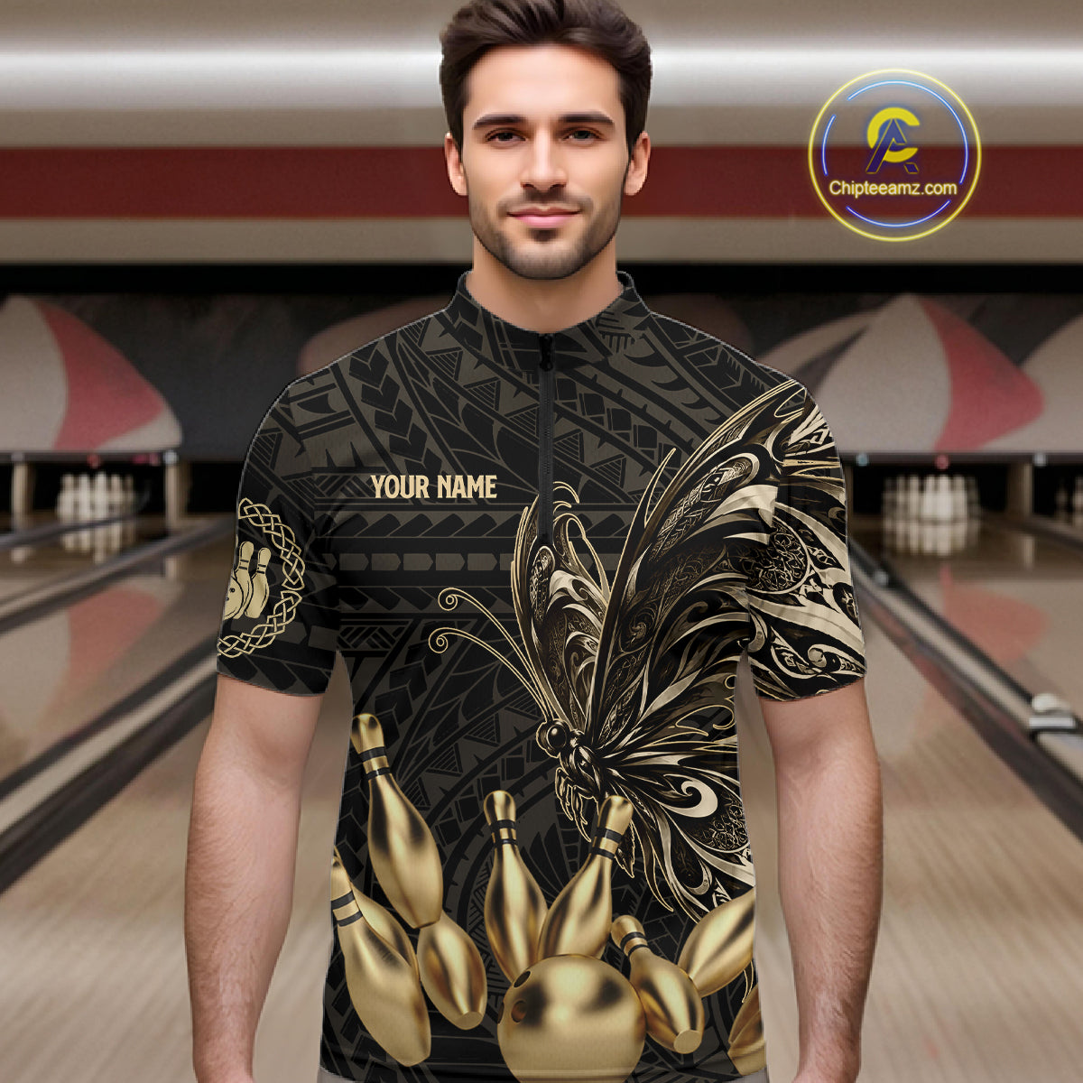 Black And Gold Custom Butterfly Tribal Bowling Shirt For Men, Retro Bowling League Team Jersey TDM7911
