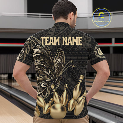 Black And Gold Custom Butterfly Tribal Bowling Shirt For Men, Retro Bowling League Team Jersey TDM7911