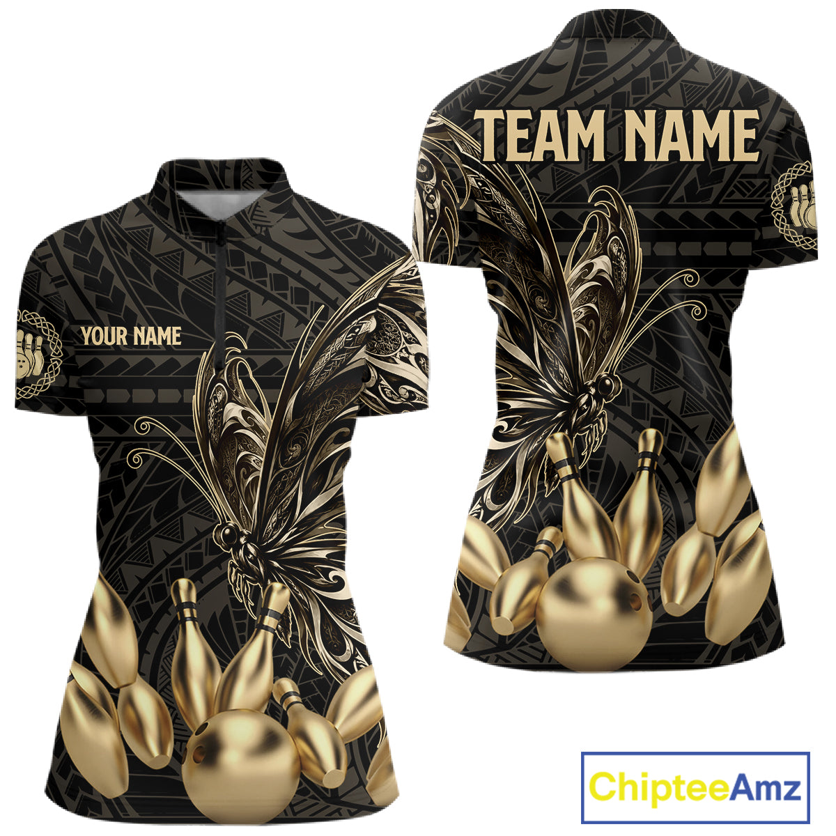 Black And Gold Custom Butterfly Tribal Bowling Shirt For Women, Retro Bowling League Team Jersey TDM7911