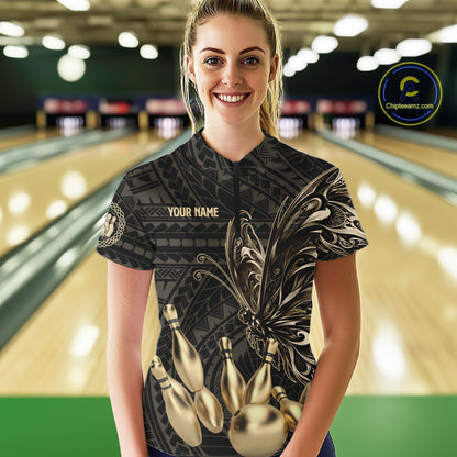 Black And Gold Custom Butterfly Tribal Bowling Shirt For Women, Retro Bowling League Team Jersey TDM7911