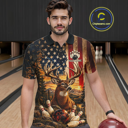 Vintage American Flag Deer Bowling Shirts For Men Custom Patriotic Retro Bowling Team Jersey TDM7917