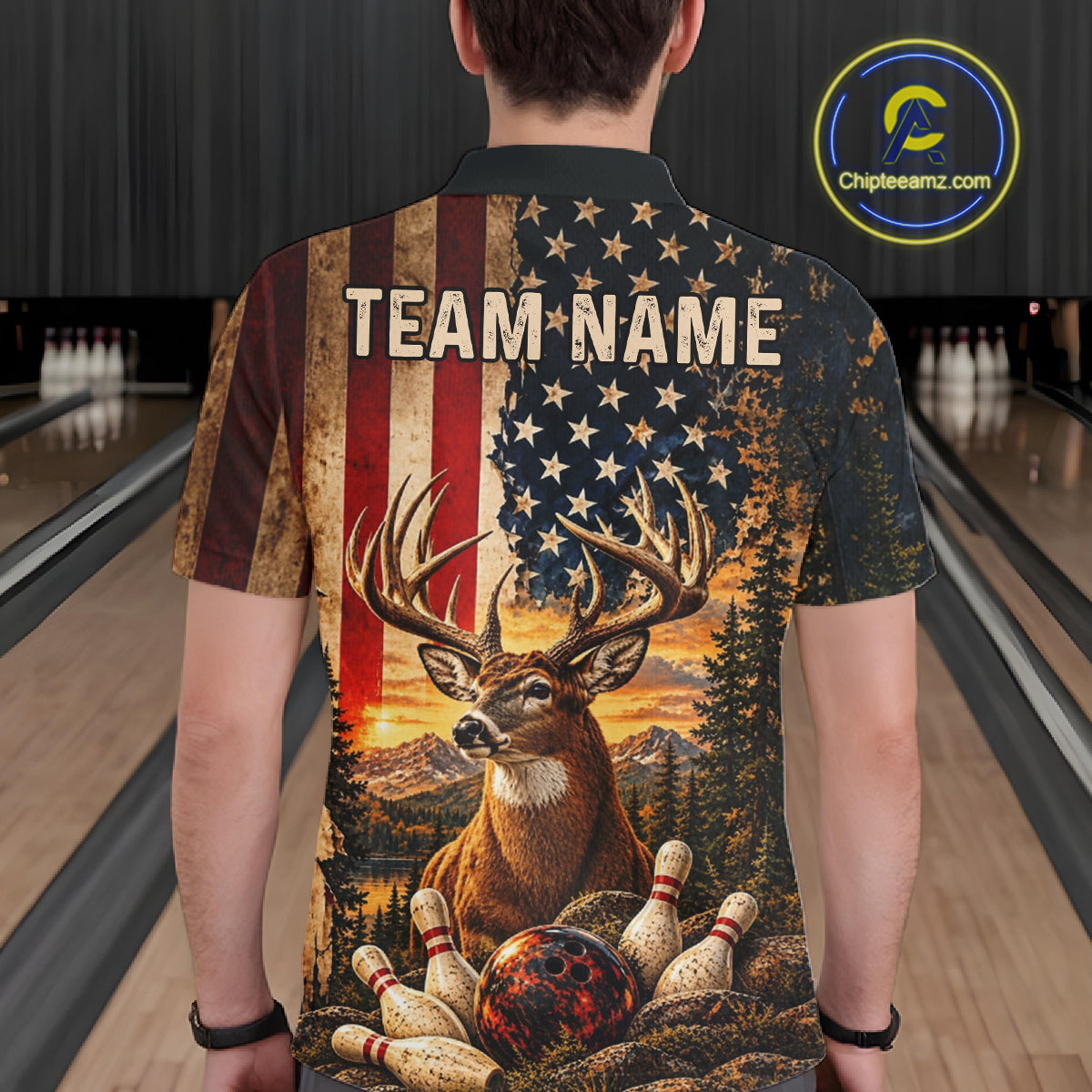 Vintage American Flag Deer Bowling Shirts For Men Custom Patriotic Retro Bowling Team Jersey TDM7917