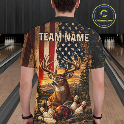 Vintage American Flag Deer Bowling Shirts For Men Custom Patriotic Retro Bowling Team Jersey TDM7917