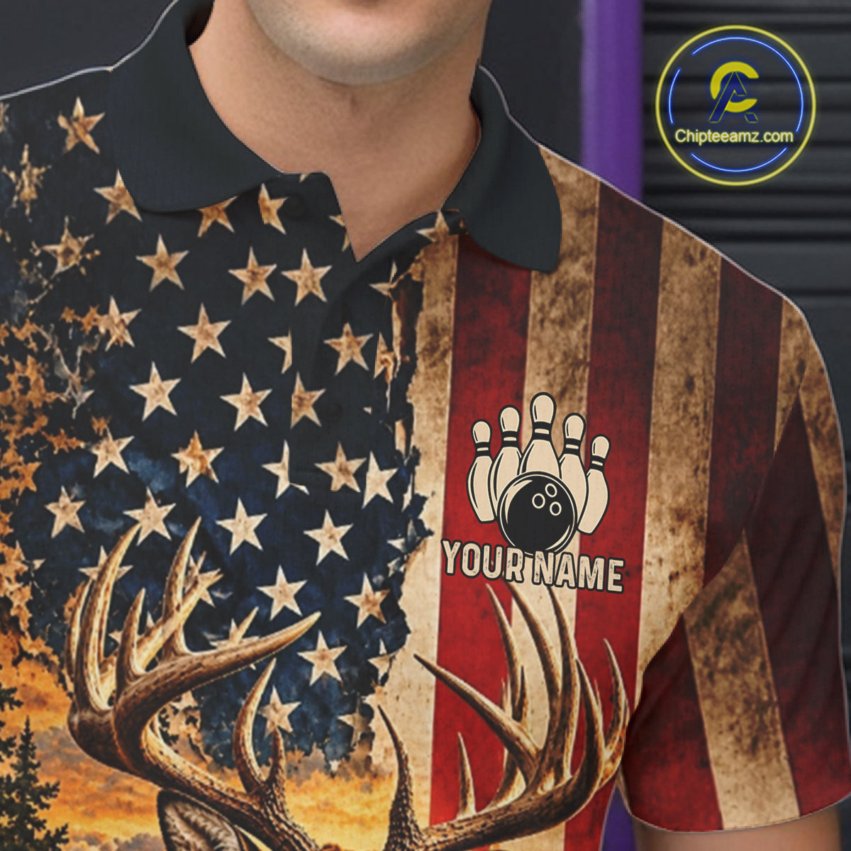 Vintage American Flag Deer Bowling Shirts For Men Custom Patriotic Retro Bowling Team Jersey TDM7917