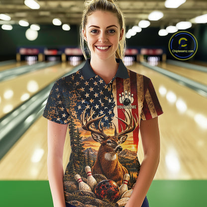 Vintage American Flag Deer Bowling Shirts For Women Custom Patriotic Retro Bowling Team Jersey TDM7917