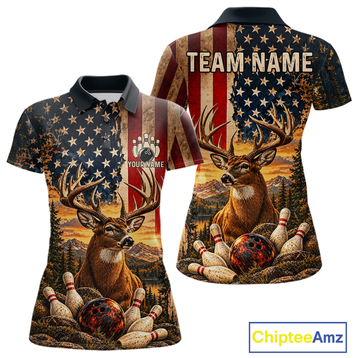Vintage American Flag Deer Bowling Shirts For Women Custom Patriotic Retro Bowling Team Jersey TDM7917