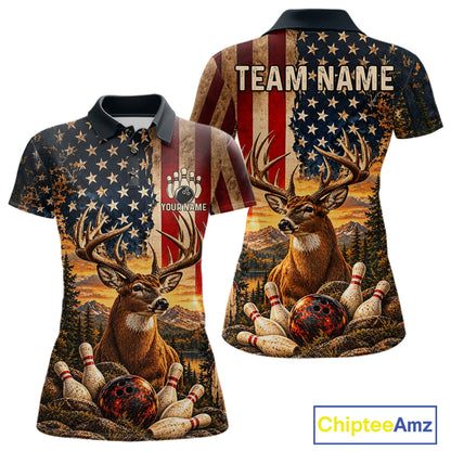Vintage American Flag Deer Bowling Shirts For Women Custom Patriotic Retro Bowling Team Jersey TDM7917