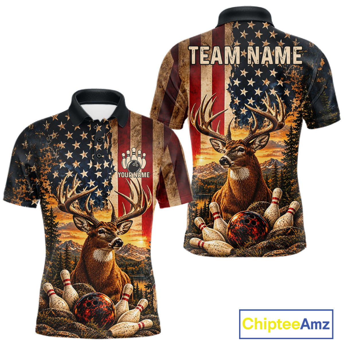 Vintage American Flag Deer Bowling Shirts For Men Custom Patriotic Retro Bowling Team Jersey TDM7917