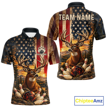 Vintage American Flag Deer Bowling Shirts For Men Custom Patriotic Retro Bowling Team Jersey TDM7917