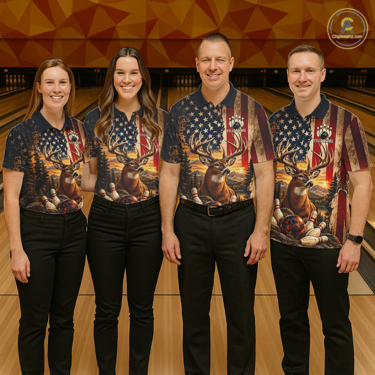 Vintage American Flag Deer Bowling Shirts For Men Custom Patriotic Retro Bowling Team Jersey TDM7917