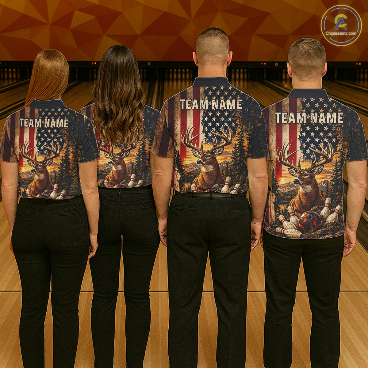 Vintage American Flag Deer Bowling Shirts For Men Custom Patriotic Retro Bowling Team Jersey TDM7917