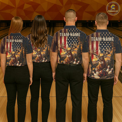 Vintage American Flag Deer Bowling Shirts For Men Custom Patriotic Retro Bowling Team Jersey TDM7917