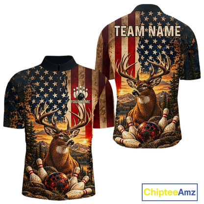 Vintage American Flag Deer Bowling Shirts For Men Custom Patriotic Retro Bowling Team Jersey TDM7917