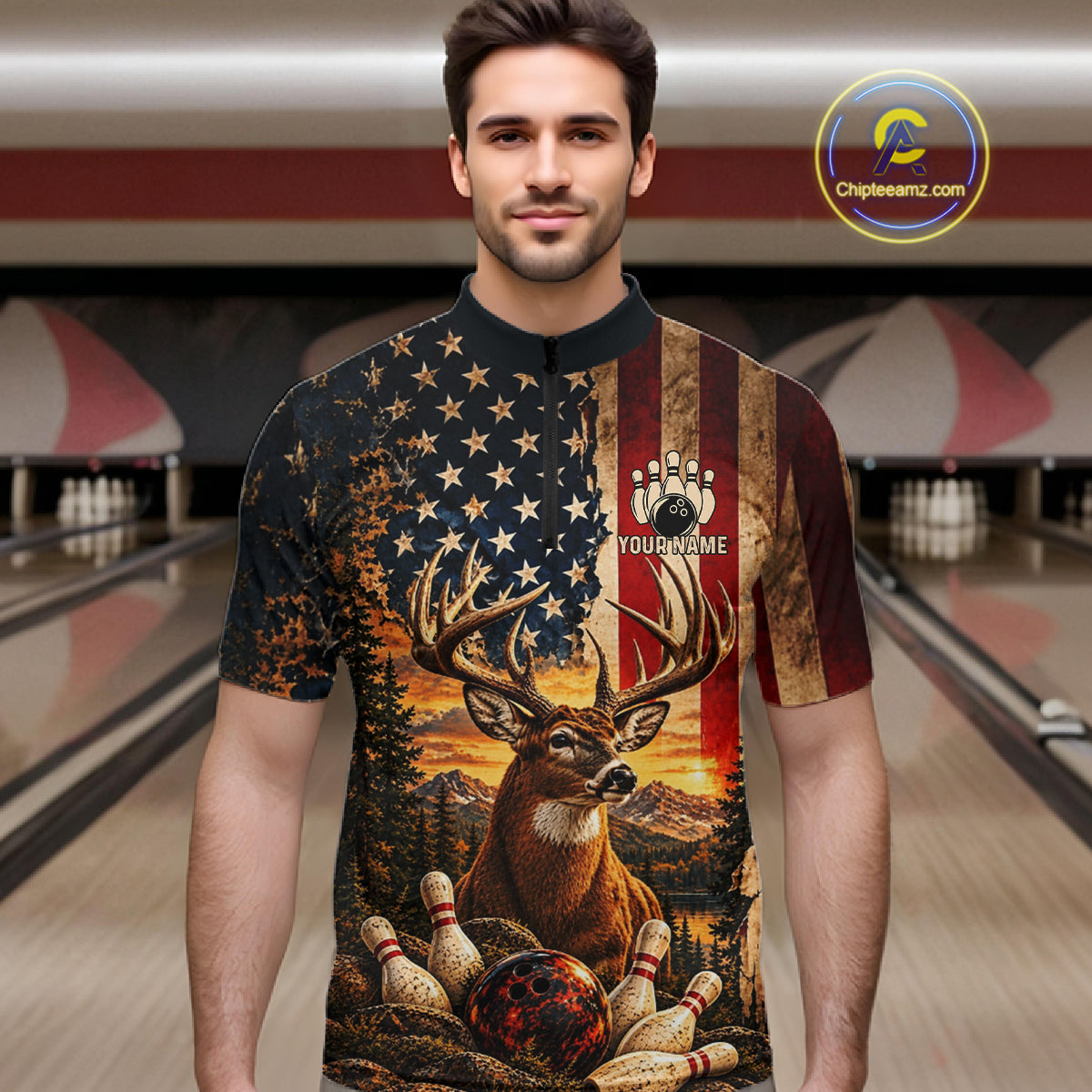 Vintage American Flag Deer Bowling Shirts For Men Custom Patriotic Retro Bowling Team Jersey TDM7917