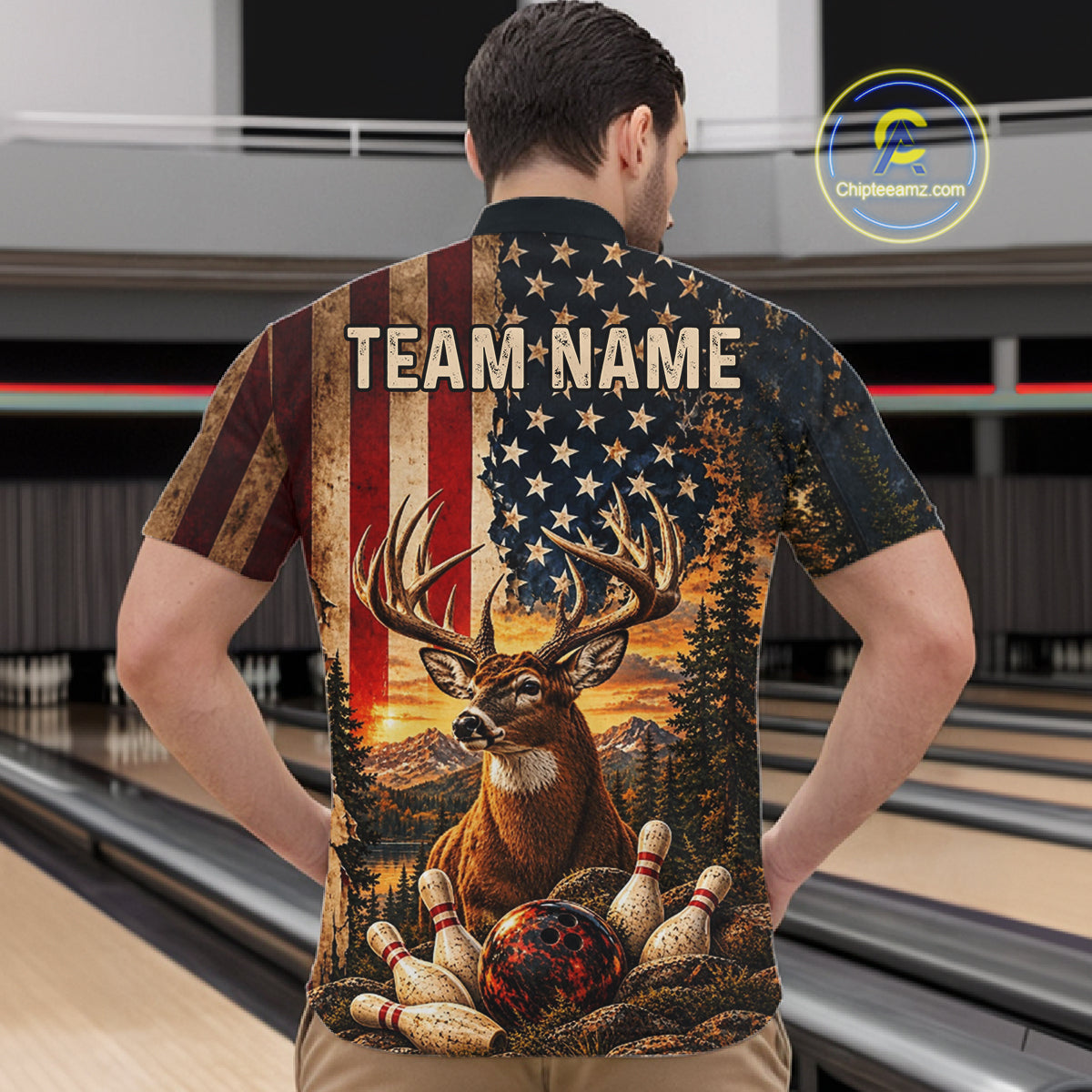 Vintage American Flag Deer Bowling Shirts For Men Custom Patriotic Retro Bowling Team Jersey TDM7917