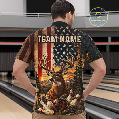 Vintage American Flag Deer Bowling Shirts For Men Custom Patriotic Retro Bowling Team Jersey TDM7917
