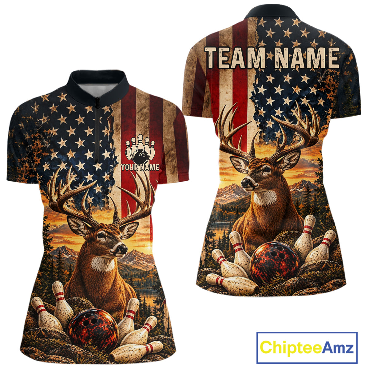 Vintage American Flag Deer Bowling Shirts For Women Custom Patriotic Retro Bowling Team Jersey TDM7917