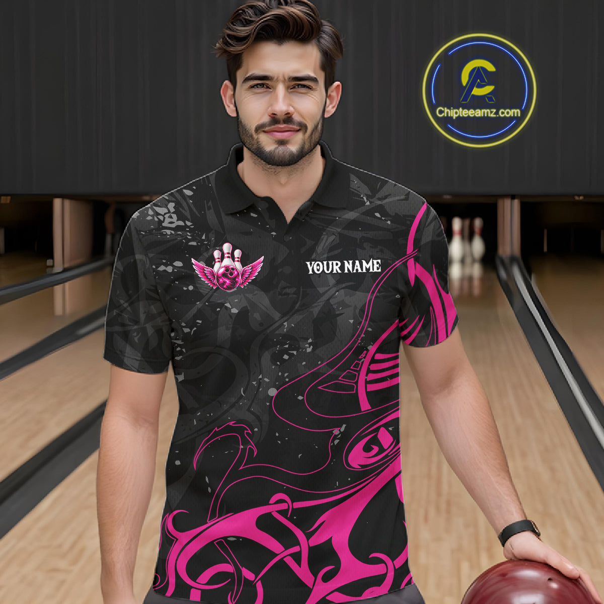 Personalized Pink And Black Bowling Wings Polo & 1/4 Zip Shirt For Men Custom Bowling Team Jersey TDM7918
