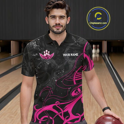 Personalized Pink And Black Bowling Wings Polo & 1/4 Zip Shirt For Men Custom Bowling Team Jersey TDM7918