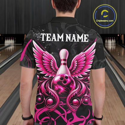 Personalized Pink And Black Bowling Wings Polo & 1/4 Zip Shirt For Men Custom Bowling Team Jersey TDM7918