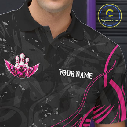 Personalized Pink And Black Bowling Wings Polo & 1/4 Zip Shirt For Men Custom Bowling Team Jersey TDM7918