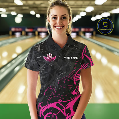 Personalized Pink And Black Bowling Wings Polo & 1/4 Zip Shirt For Women Custom Bowling Team Jersey TDM7918