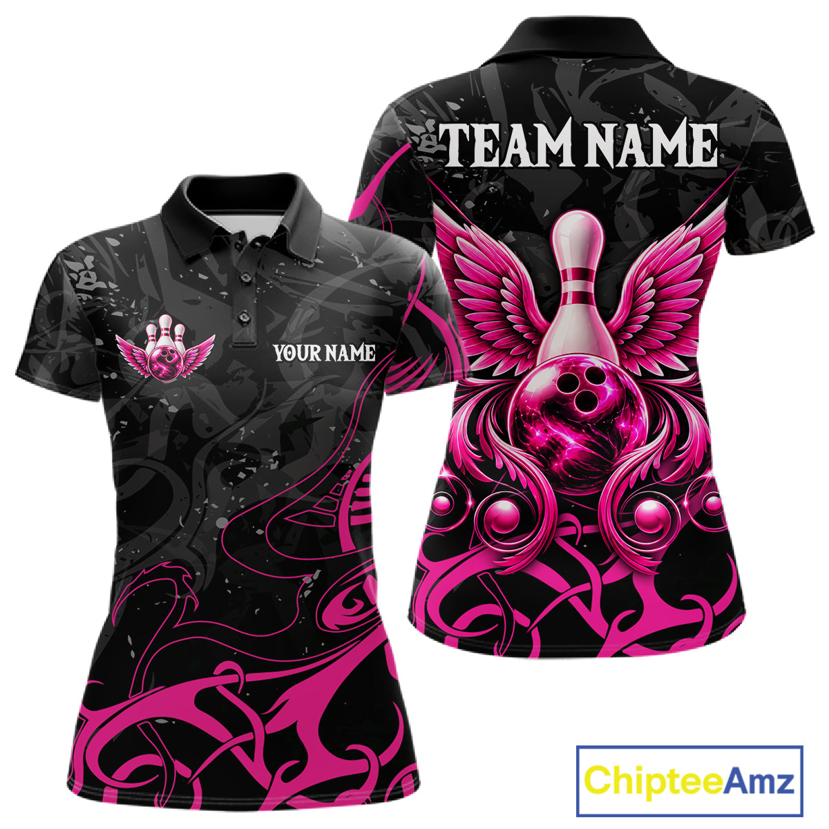 Personalized Pink And Black Bowling Wings Polo & 1/4 Zip Shirt For Women Custom Bowling Team Jersey TDM7918