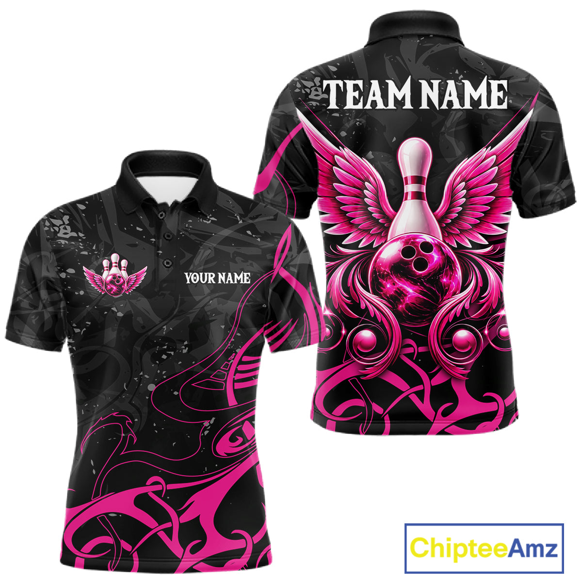 Personalized Pink And Black Bowling Wings Polo & 1/4 Zip Shirt For Men Custom Bowling Team Jersey TDM7918